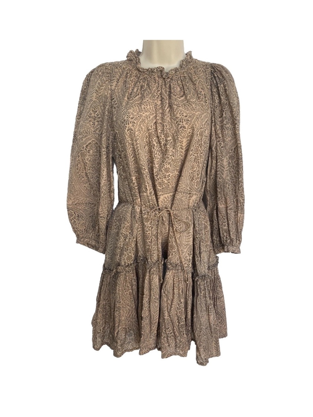 Cleobella Neutral Paisley Long Sleeve Tiered Boho Dress